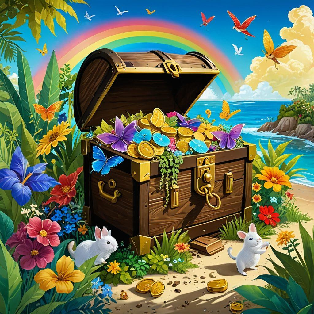 A whimsical, vibrant illustration featuring a rainbow-colored key unlocking a treasure chest overflowing with golden coins and dollar bills, surrounded by cheerful characters celebrating financial success. Include elements like a garden of flourishing plants symbolizing growth and prosperity, with a backdrop of a sunny, blue sky. The overall tone should be uplifting and inviting. digital painting. vibrant colors. whimsical.