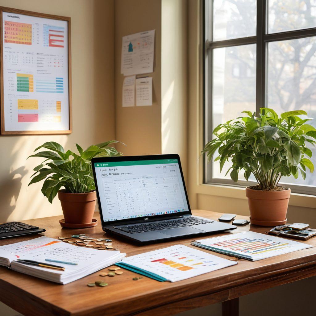 A serene workspace featuring a wooden desk with a laptop displaying a colorful budgeting spreadsheet, alongside a coffee cup and a potted plant for tranquility. In the background, a motivational wall poster that says 'Transform Your Life' is visible, with soft natural light streaming in through a window. Subtle elements of finance, like coins and notes, are incorporated into the scene. super-realistic. vibrant colors. soft focus.